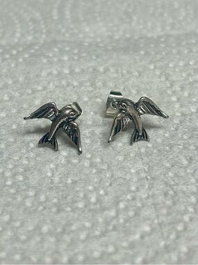 Silver Bird Stud Earrings - Sterling-Tone Swallow Design